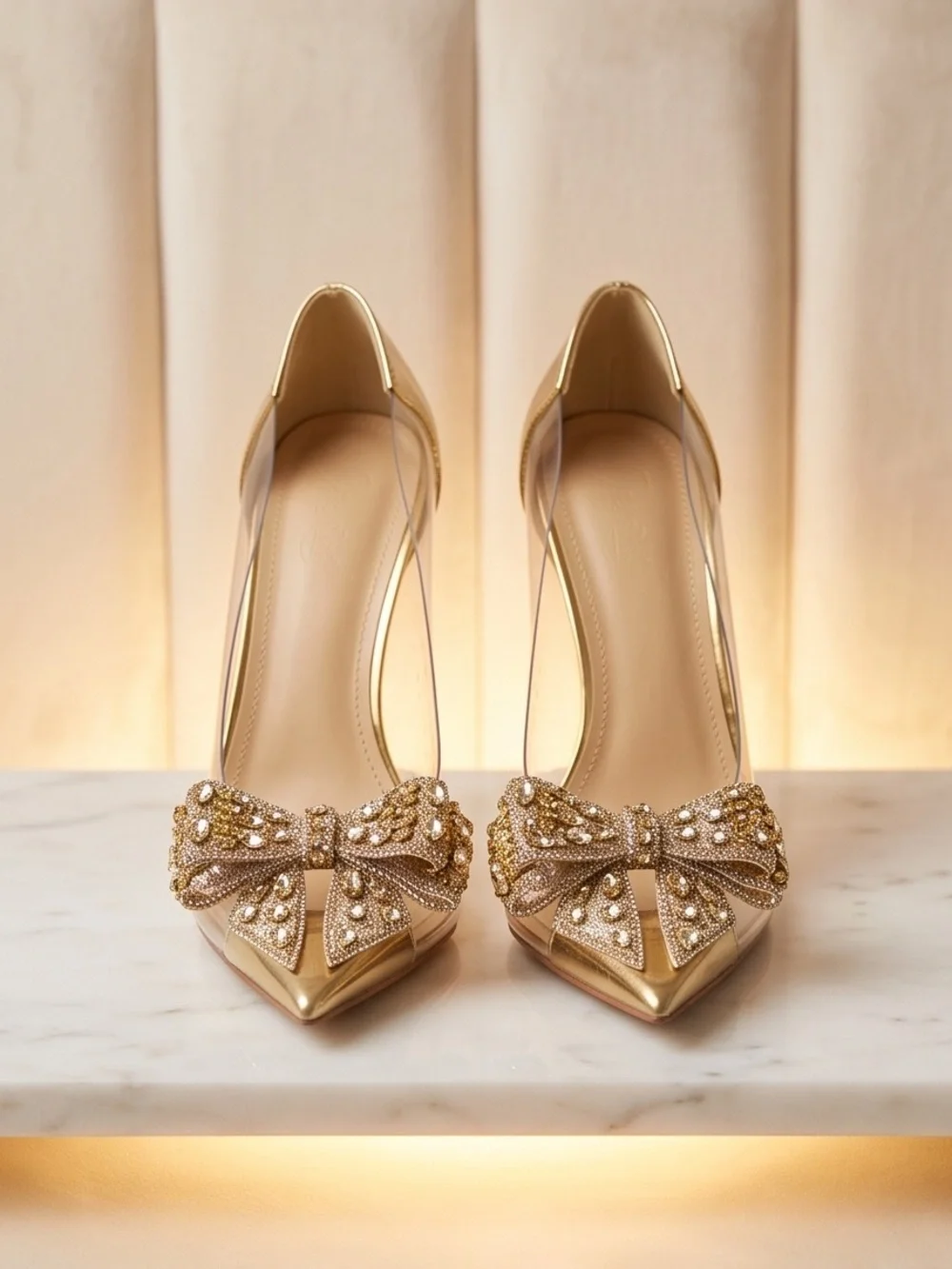 Gold Crystal Bow Pointed-Toe Stiletto Heels